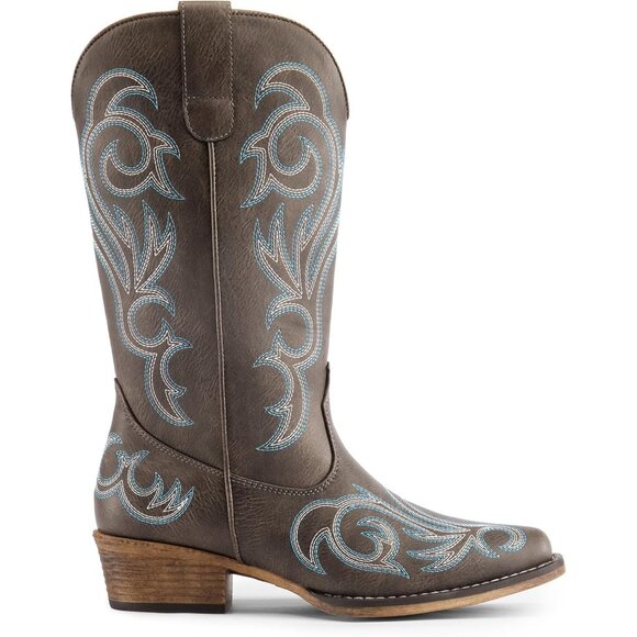 Dream Pairs Women's Brown Mid Calf Cowgirl Boots Square Toe Chunky Heel Shoes - Picture 2 of 8